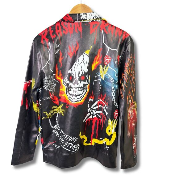 Reason Graffiti Print Moto Jacket Men’s Small Vegan Leather Streetwear Statement - Picture 3 of 14